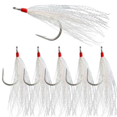 Imagem de Ganchos de pesca Bucktail Teasers anzóis de água salgada com linguado inferior de aço inoxidável Bucktail Mylar Flash Teasers para Snapper Catfish Bacalhau Linguado Hi-Lo Rigs branco