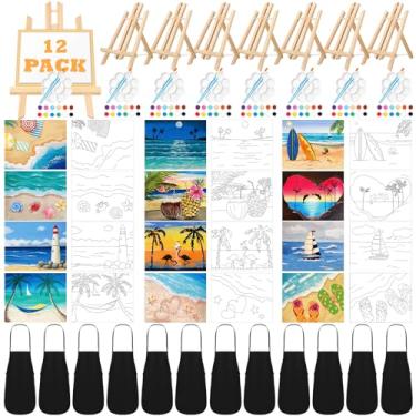 Imagem de Motipuns 12 conjuntos de telas pré-desenhadas para pintura com cavaletes kit de pintura e kit de pintura desenhado com pincéis de pintura em tela impressa, paleta, avental para adultos (praia)