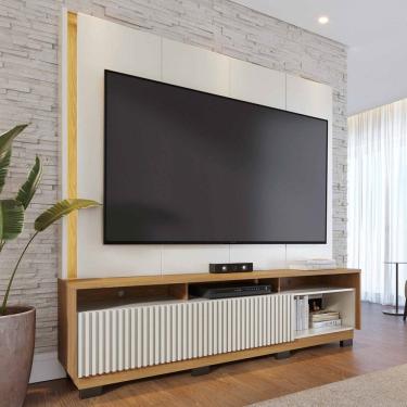 Imagem de Estante para TV Até 75 Polegadas Jordao 2 Portas Ripado com Led Off White Matte/Freijó - Colibri