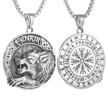 Imagem de Colar masculino gótico punk hip-hop rock viking cabeça de lobo redondo, runa viking norueguesa na parte de trás, aço inoxidável 316L, corrente de pérola quadrada de aço inoxidável prata, joia de