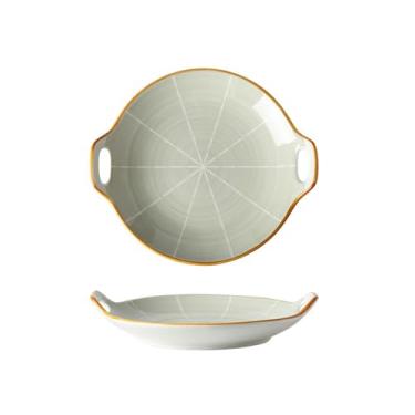 Imagem de Prato redondo de 22,8 cm estilo nórdico minimalista, cor sob o esmalte, prato redondo de orelha dupla de cerâmica - prato redondo de orelha dupla de 23 cm - cinza claro