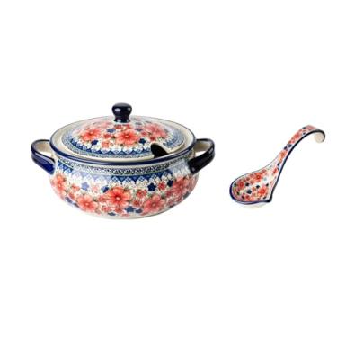 Imagem de Conjunto de pratos retrô domésticos, tigela de salada de arroz de cerâmica tigela criativa de orelhas duplas - Xuemo Mei 2L panela de sopa (com colher grande)