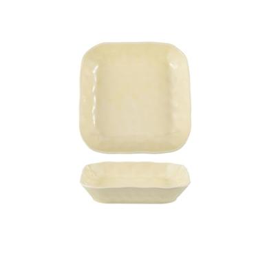 Imagem de Conjunto de tigela e prato de cerâmica criativo e personalizado, tigelas e pratos domésticos simples - prato quadrado amassado à mão de 20 cm - amarelo creme