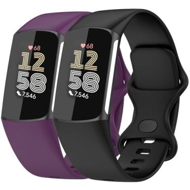 Imagem de Nacorulu Compatível com pulseiras Fitbit Charge 6/Fitbit Charge 5, pulseira de substituição de silicone macio para mulheres e homens, pacote com 2 (preto_roxo, pequeno (14 a 19,8 cm)