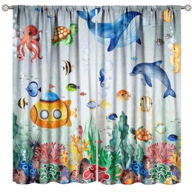 Imagem de Cortinas de animais oceânicos, mundo subaquático, tartarugas marinhas, tubarão, coral, peixe, paisagem, cortinas de janela para quarto de crianças, quarto de meninos, meninas, decoração de berçário,