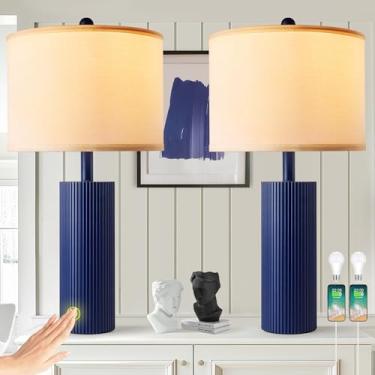 Imagem de BZZMMB Conjunto De 2 Luminárias De Mesa Azuis De 24,5", Luminárias De Toque Modernas Para Sala De Estar Com Portas Usb C+A, 2 Lâmpadas Incluídas, Luminária De Mesa Para Mesa De Cabeceira, Iluminação
