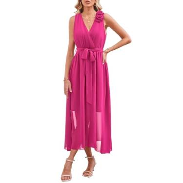 Imagem de Newshows Vestido maxi feminino 2025 verão casamento convidada dama de honra decote em V sem mangas longo formal festa noite, Rosa, M