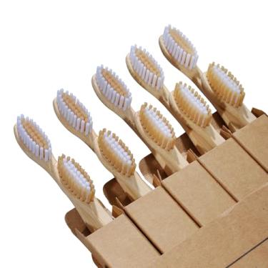 Imagem de 10 escovas de dentes de bambu – escovas de dentes de cerdas médias sem BPA, escovas de dentes de madeira natural compostáveis, sem plástico, embalagem ecológica para adultos (marrom e branco,