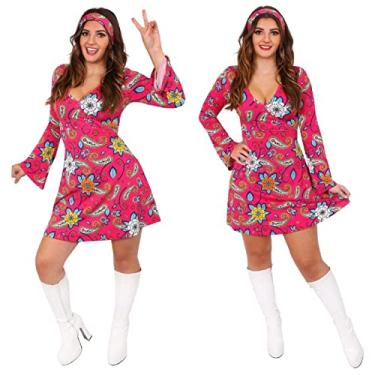 Imagem de I LOVE FANCY DRESS - Fantasia Feminina Hippie - Vestido Chique Anos 60/70 - Vestido Gogo Rosa + Faixa de Cabeça Combinando - Tamanho GG
