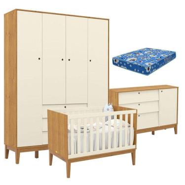 Imagem de Quarto de Bebe Unique 4 Portas com Cômoda Sapateira Freijó Off White Eco Wood e Colchão Ortobom - Matic