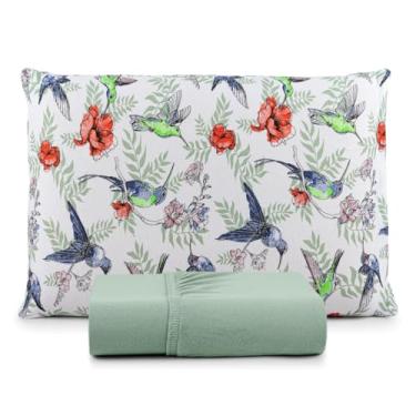 Imagem de Jogo de Lençol 100% Algodão com Fronhas, Malha Penteada 130g, Antialérgico, Vários Tamanhos (Solteiro, Beija Flor)