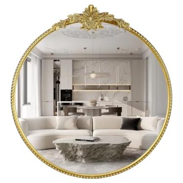 Imagem de Oujchenghome Espelho circular, espelho circular estilo barroco, espelho de parede com moldura de metal dourado retrô, espelho retrô estilo palácio, adequado para banheiros e quartos (69,8 x 76,2 cm)
