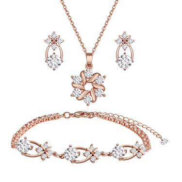 Imagem de Conjunto de joias de dama de honra para casamento, ouro 18K ou ouro rosa ou cobre banhado a prata com zircônia cúbica limpa colar brinco conjunto de pulseira para mulheres meninas presente, Cobre, Sem Pedra Preciosa