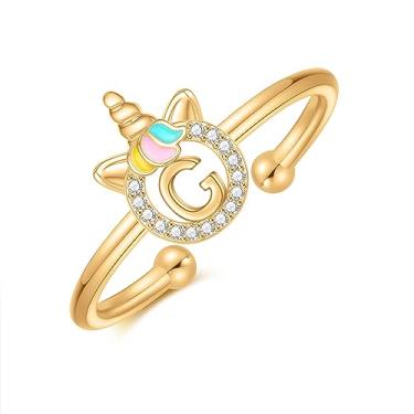 Imagem de CIVOKINA Anéis delicados de unicórnio com inicial para meninas, banhado a ouro 14 quilates/ouro rosa/prata para meninas, lindo anel infantil hipoalergênico, ajustável, com letras para presentes para