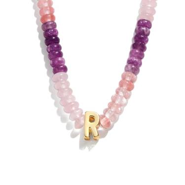 Imagem de Colar com inicial feminina moderna, colar gargantilha colorida com pedras preciosas naturais com contas folheadas a ouro 14K, boêmio, feito à mão, ametista arco-íris, colar com contas, melhores