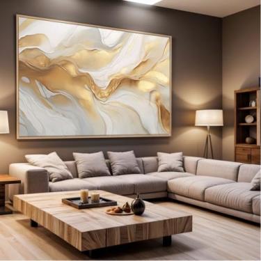 Imagem de Quadro Decorativo com Moldura Sala 90x60 Abstrato Dourado Branco Mármore Luxo Grande Horizontal
