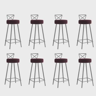 Imagem de Kit 08 Banqueta Alta Com Encosto Tânia Eiffel Cozinha Bar Bistrô Ferro Cinza Suede Bordô - Ahz Móveis