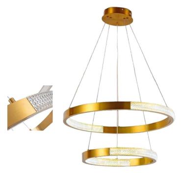 Imagem de Lustre Luminaria Arco 2 Aneis Cristal Led Pedente 52w Dourado Casa Sala De Estar Restau...