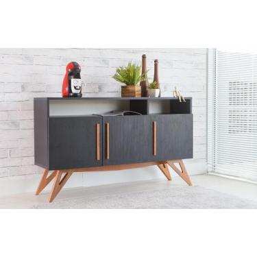 Imagem de Balcão Buffet Para Sala De Jantar Mdf Preto Pés Jatobá 3 Portas Pretas