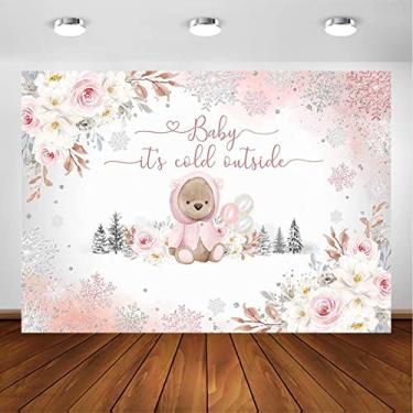 Imagem de Avezano Pano de fundo de chá de bebê de urso de inverno para meninas, decoração de festa ao ar livre, fundo fotográfico We can Bearly Wait Pink Snowflakes Baby Shower Photoshoot (3 x 2,4 m)