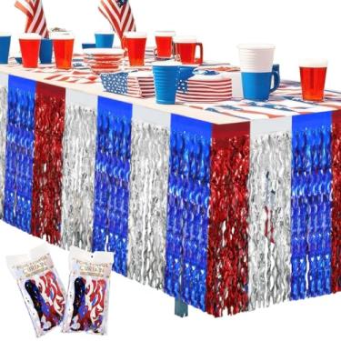 Imagem de Pacote com 2 saias de mesa 4 de julho para decoração vermelha, branca, azul, patriótica, ondulada, metálica, folha, franja, para decoração de festa de aniversário do Dia da Independência