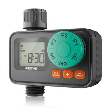 Imagem de RESTMO Temporizador de irrigação com 3 programas separados, temporizador de água programável de 7 dias para mangueira de jardim, controle digital automático/manual/atraso de chuva para irrigação por