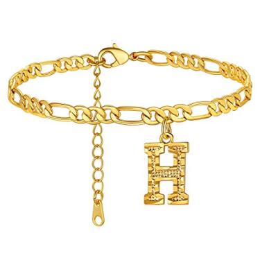 Imagem de Tornozeleiras GoldChic Jewelry com iniciais, personalizadas à prova d'água 4,5 mm de largura redimensionáveis 18K banhado a ouro corrente Figaro inicial letra tornozelo pulseiras para mulheres meninas joias de verão, 22-27 cm de comprimento