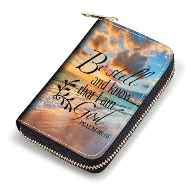 Imagem de FQTBCEARI Porta-cartão de crédito, carteira de couro RFID para mulheres, capa de cartão de visita de bolso com zíper, raposa, Citação Versículos da Bíblia Salmo 46:10, Moda