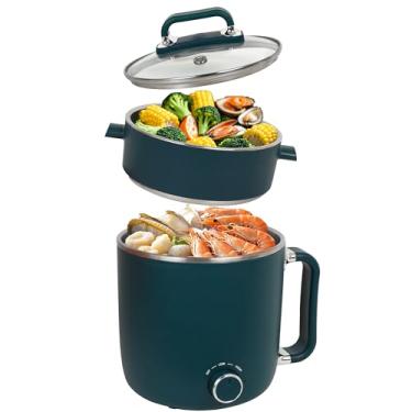 Imagem de cglightwsparkle Panela Elétrica Com Vaporizador, Panela Elétrica De Aço Inoxidável De 1,8 L, Fogão Elétrico De Viagem, Controle Duplo De Temperatura, Com Proteção Contra Queimaduras Secas, Verde Esc