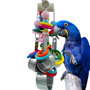 Imagem de GILYGI Potes metálicos e cordas multicoloridas Brinquedos, 5 copos de aço inoxidável e anéis de madeira para grandes e extragrandes papagaios, araras, cacatuas cinzas africanas, eclectus
