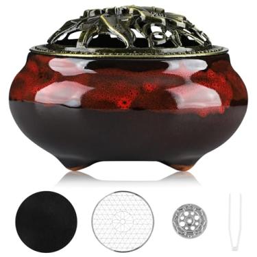 Imagem de Queimador de incenso de cerâmica feito à mão com tampa de metal – meditação zen, decoração de casa, presente espiritual, design durável e elegante para ioga, altar ou relaxar, coletor de cinzas de