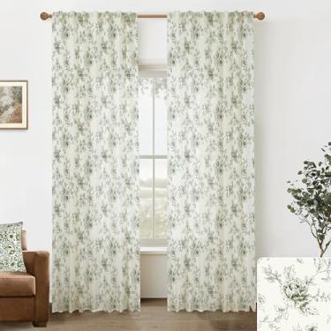 Imagem de Cortinas de linho verde-oliva para casa de fazenda, 203 cm de comprimento, conjunto de 2 painéis para sala de jantar, padrão floral vintage europeu, cortinas campestres francesas escuras e