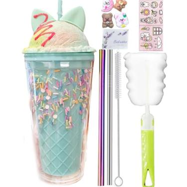 Imagem de viva story Copo de viagem de unicórnio com canudo chocolate copo para beber gelo leite caneca de café copo de plástico para piquenique festa presente de aniversário (gato chocolate azul 2, 450 ml)