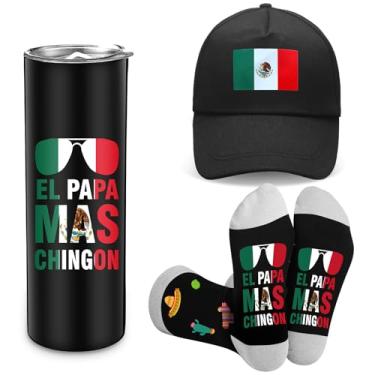 Imagem de Geiserailie Conjunto de presente para papai mexicano para papai dia del padre copo de aço inoxidável com tampa 590 ml, meias, chapéus de bandeira presentes de pai mexicano para o dia dos pais