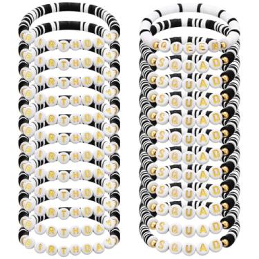 Imagem de Quelay Pacote com 24 pulseiras elásticas com contas de argila de polímero para festa de aniversário, esquadrão de aniversário, coração dourado, cor gradiente, para presente de festa de 20, 30, 40, 50