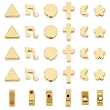 Imagem de FASHEWELRY 36 peças de contas de latão banhadas a ouro 18K de verdade, triângulo, redondo, cruz, lua e flor, contas espaçadoras para pulseiras, berloques, faça você mesmo, fabricação de joias
