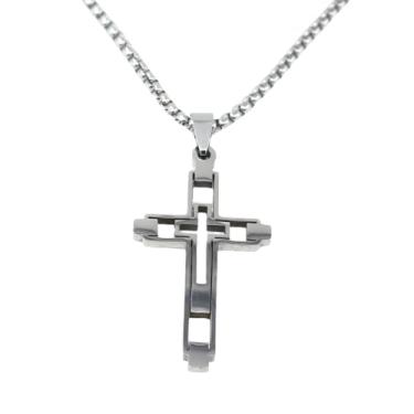 Imagem de Colar masculino com pingente de cruz dupla, aço inoxidável 316L, ouro e prata, corrente de 60 cm, Standard size, Aço inoxidável, Sem Pedra Preciosa