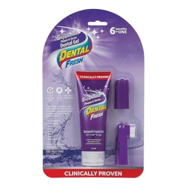 Imagem de DENTAL FRESH Kit de escova de dentes de gel enzimático para cães, inclui escova de dentes de dedo de cachorro – limpa efetivamente os dentes – elimina o mau hálito e reduz a peste e o tártaro do cachorro, branco (FG00029)