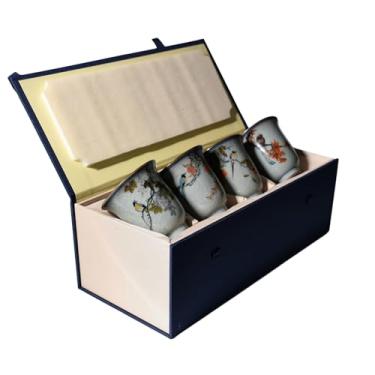 Imagem de Conjunto de 4 peças colecionáveis pintadas à mão, pássaros em galhos, tinta de lavagem rachada, gelo, japonês, chinês, cerâmica, porcelana, xícara de chá, copo de saquê Ochoko