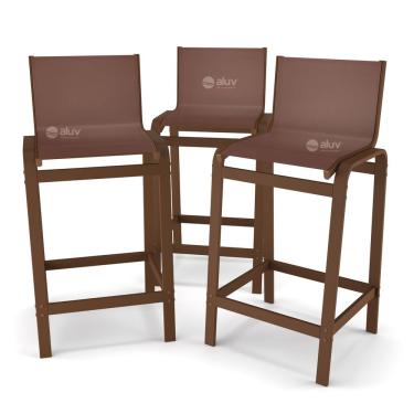 Imagem de Kit 3 Banquetas Alta Bancada Alumínio Marrom Tela Marrom