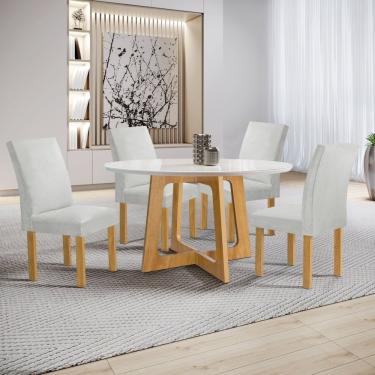 Imagem de Conjunto Mesa Arizona 120cm Com 4 Cadeiras Canela Tampo Redondo Plus Com Vidro Cinamomo-off White-boucle Gelo