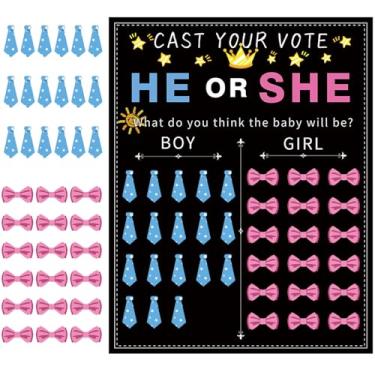 Imagem de Kit de suprimentos de festa revelação de gênero para bebê, adereços de fotos para decoração de jogos, pôster revelador de gênero com 54 folhas azul e rosa adesivos de votação de laço para meninos ou