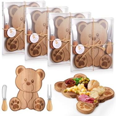 Imagem de Ziliny Conjunto de 4 lembrancinhas de festa de chá de bebê, conjunto de tábua de queijos em forma de urso, inclui pequenas tábuas de charcutaria para corte de madeira com facas e garfos, caixa de