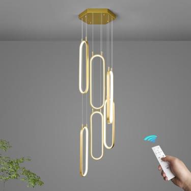 Imagem de FDPBY Luminária Pendente Moderna Com Iluminação Led Dourada E Regulável, 6 Anéis, Lustre Oval, Escada, Hall Grande, Sala De Estar, Hall, Lustres Teto Alto