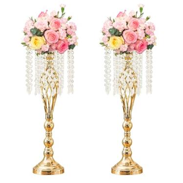 Imagem de Hyuetrsa Peças De Suporte Flores Cristal Dourado 21,7" Para Mesa Casamento, Arranjo Alto Metal Com Lustre Mesa, Evento, Aniversário, Decoração Casa