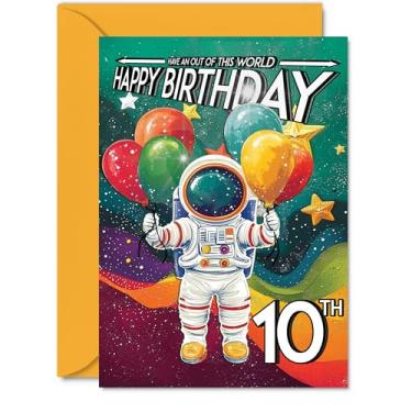 Imagem de Stuff4 Cartão de aniversário de 10 anos menino - traje espacial astronauta - cartão de aniversário do espaço sideral para meninas de 10 anos, 10 anos de idade, cartões de saudação A5 aniversário