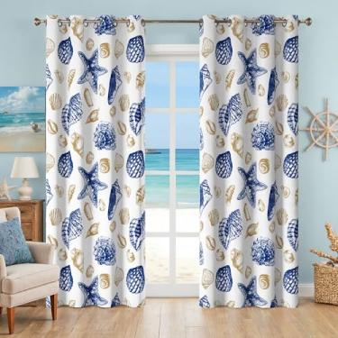 Imagem de Cortinas e cortinas de praia costeira 213 cm de comprimento, ilhós, padrão náutico, estrela-do-mar, oceano, isolamento térmico, 50% bloqueio de luz, cortinas de escurecimento de janela para sala de