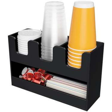 Imagem de Beego Suporte de copo de 4 compartimentos para bancada - dispensador de copos de acrílico preto de 2 camadas para estação de café, organizador de copos de papel e tampa, armazenamento de condimentos
