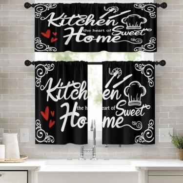 Imagem de Tayney Farmhouse Cortinas pretas para janela de cozinha, conjunto de saia e camada, 91 cm, Heart of Sweet Home, cortina curta para banheiro, cortinas modernas de café pequeno para decoração de cozinha
