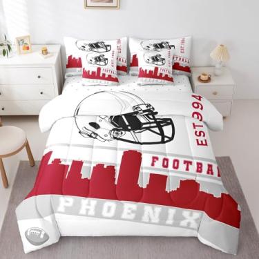 Imagem de Erosebridal Jogo de cama solteiro de futebol americano, 7 peças, para fãs de futebol americano, vermelho, cinza, decoração de quarto de jogos de rúgbi, bola esportiva, competição (Fênix)